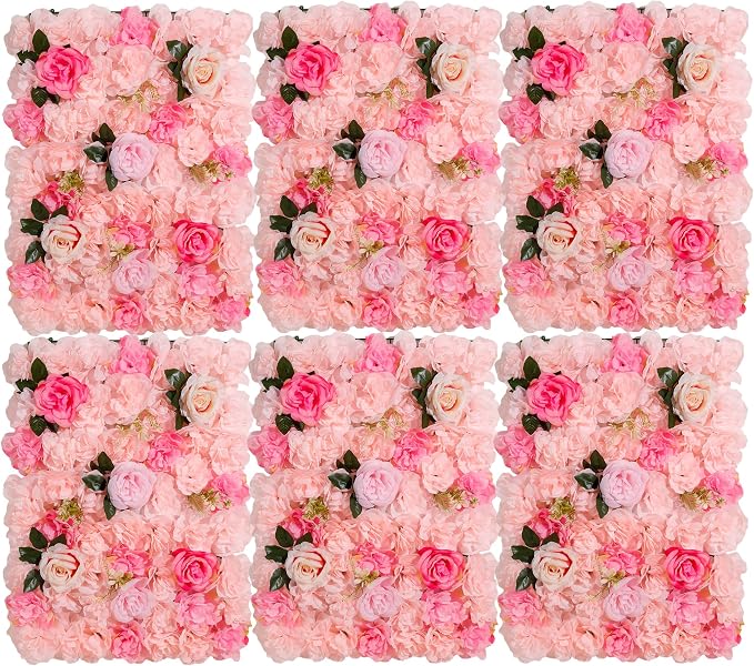 3D Flower Wall Backdrop 6 Pack, 24x16 Inch Soft Pink Artificial Rose Panels for Wedding, Party, Photo Studio, Home & Fence Decor