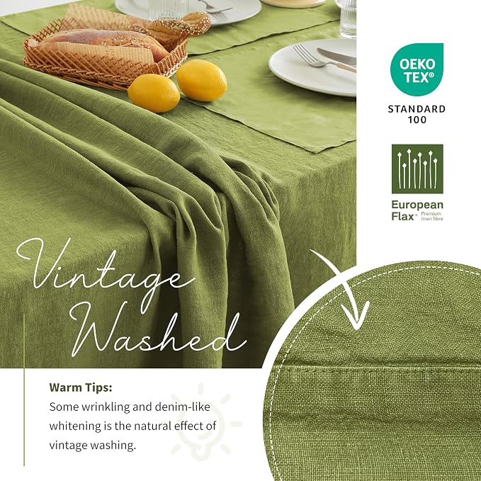 Linen World Vintage Tablecloths 60x120 Inch,100% French Linen Tablecloth,Classic Vintage Washed Table Cloths for Kitchen,Outdoor,Weddings,Decorative Thanksgiving Christmas,Moss Green