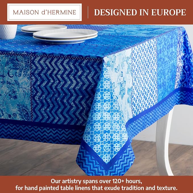 Maison d' Hermine Table Cloth Rectangle Table 100% Cotton 54 x 72 Inches Tablecloth Reusable Decorative for Dining Kitchen Room Farmhouse Party Home Hotel Restaurant Spring Summer - Indigo Love