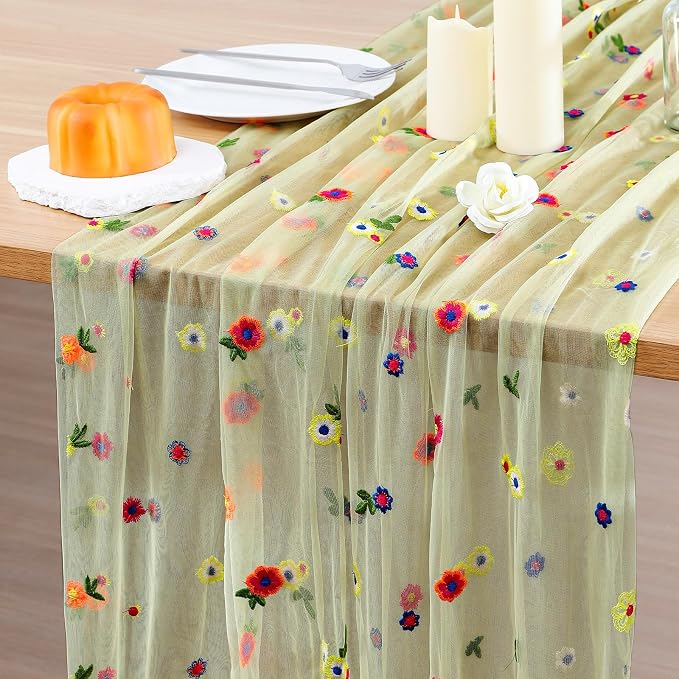 BINBE 3pcs Daisy Spring Table Runner Embroidery Gauze 10FT Florals Seasonal Tulle Holiday Birthday Kitchen Dining Table Decor for Home Party Green