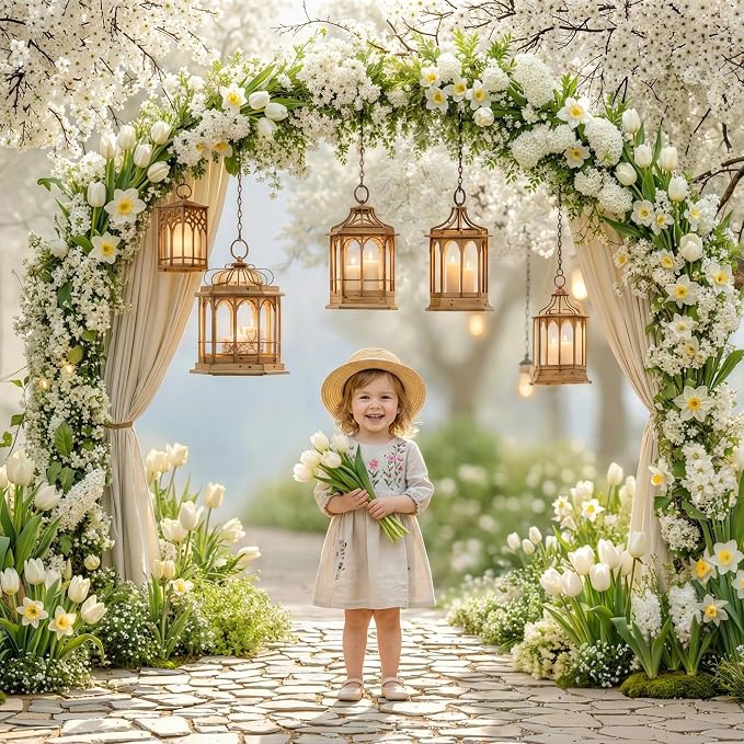 Kate Spring Flower Arch White Blossoms Lanterns Photo Backdrop, 10x6.5ft | Features Spring Flower Arch White Blossoms Lanterns Pathway; Photo background for spring portraits and seasonal photography.