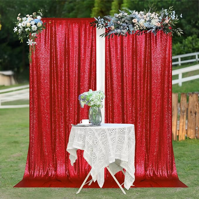PartyDelight Red Sequin Backdrop 5x10ft 2 Panels 4 Inch Rod Pocket | 3mm stitched red sequins on mesh backing with 4 inch rod pocket for wide reception walls head tables stages and layered event