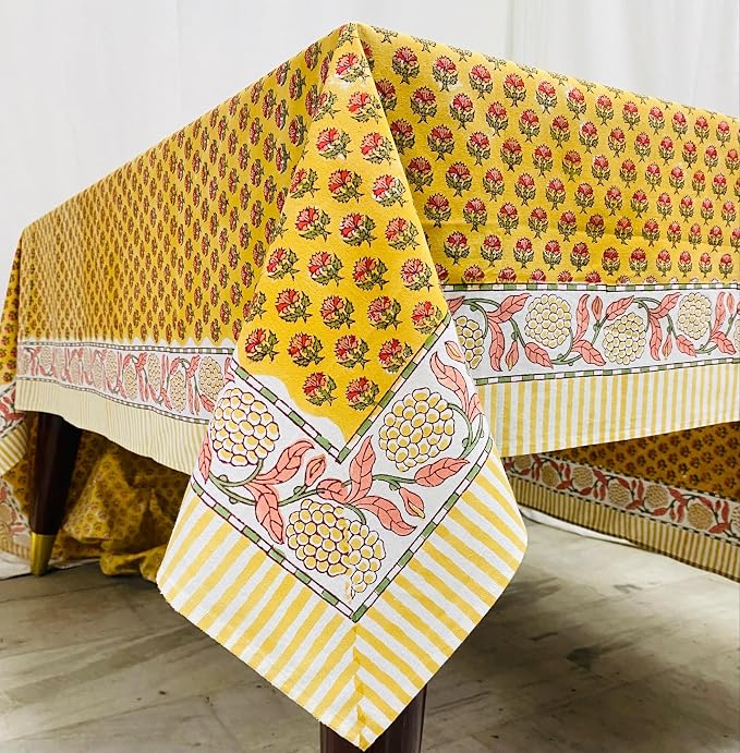 Ridhi Mustard Yellow Hand Block Print Cotton Rectangle Tablecloth 190" x 72" inches Reusable Table Cover Decorative Everyday Use for Dining Room, Farmhouse, Home Gift for Spring, Mother's Day