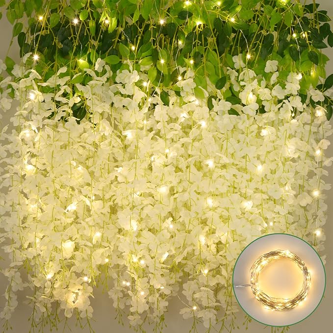 BLEUM CADE 10Pcs White Fake Wisteria Hanging Flowers with Lights, 3.6Ft/Pcs Artificial Wisteria Garland, Hanging Flowers for Wedding Party Home Backdrop Wall Decoration
