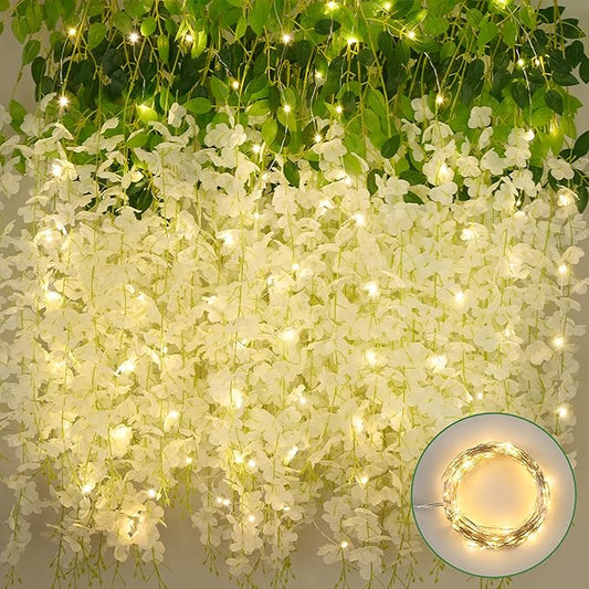 BLEUM CADE 10Pcs White Fake Wisteria Hanging Flowers with Lights, 3.6Ft/Pcs Artificial Wisteria Garland, Hanging Flowers for Wedding Party Home Backdrop Wall Decoration