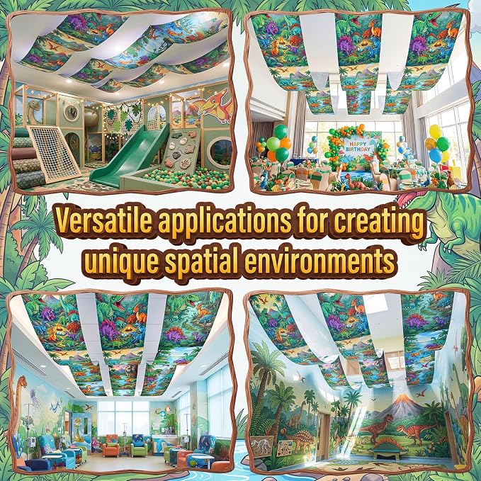 Gilprop 3 Pcs Dinosaur Themed Ceiling Decorations, 2 x 12 ft Hanging Fabric Ornaments, Prehistoric Style Party Supplies for Birthday Baby Shower Classroom Photo Backdrop & Various Events