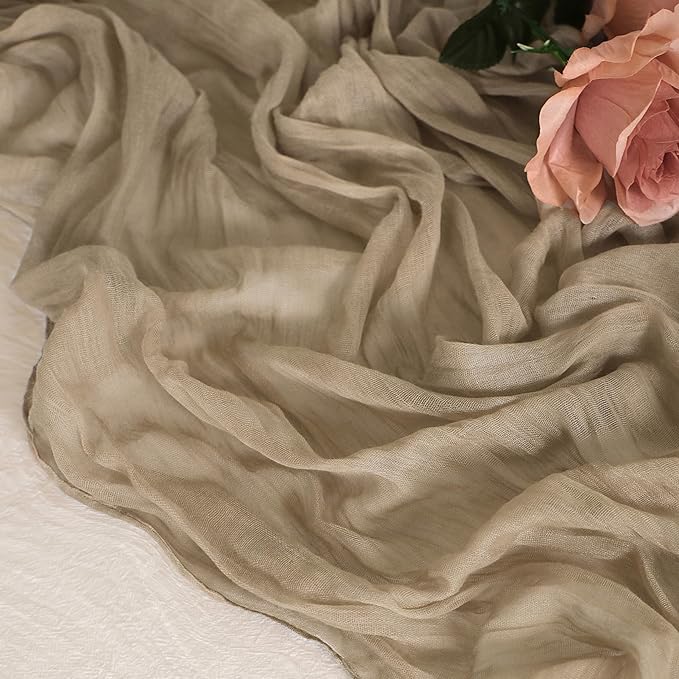 Snowkingdom Nude Brown Cheesecloth Table Runner Taupe Light Tan 120 Inch Long 10FT Boho Rustic Neutral Gauze Sheer Runner for Wedding Baby Shower Birthday Christmas Holiday Party Decorations