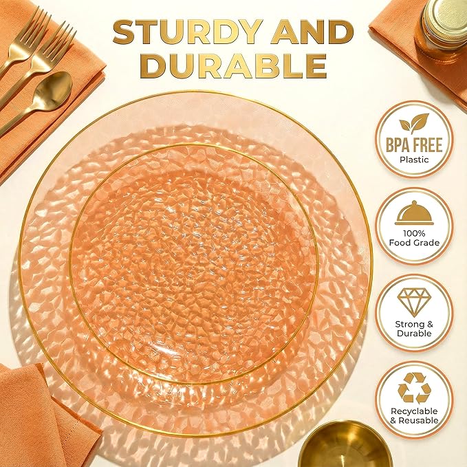 I00000 150Pcs Clear Orange Plastic Plates with Gold Rim,Orange Disposable Plastic Plates,Gold hammer patterned Disposable plates Set include 30 Dinner Plate,30 Dessert Plate,90 Silverware Set