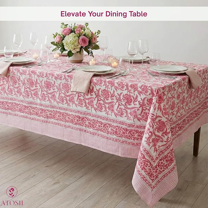 ATOSII Red Bloom 100% Cotton Tablecloth, Handblock Print Square Table Cover for Kitchen Dining I Tabletop Linen I Parties, Wedding, Spring SummerTable Cloth 60 X 60 Inches
