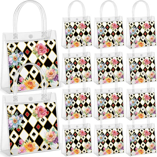 SilTriangle 24 Pcs Wonderland Tea Party Favors Clear Gift Bags Gift Goodie Bags with Handles Treat Pouch for Wonderland Tea Birthday Decoration Supplies
