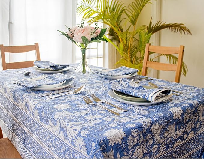 Block Print Table Cloth- 54x108 Inch Rectangle 100% Cotton Handmade Pre-Shrink, Kitchen & Dining Perfect for Patio, Indoor & Outdoor, Farmhouse