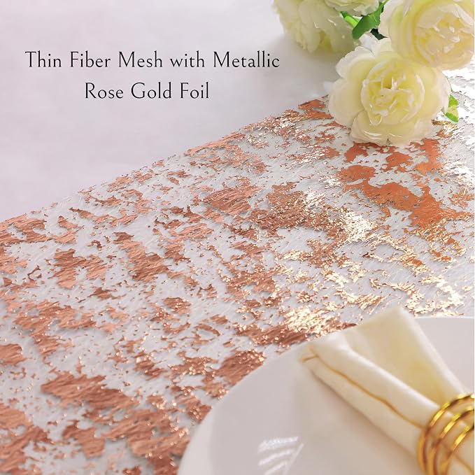 Snowkingdom Rose Gold Table Runner 11 Inch x 49 Feet Glitter Sequin Metallic Pink Thin Mesh Runner Sparkly Rose Table Decorations for Wedding, Bridal Shower, Baby Shower Birthday Party