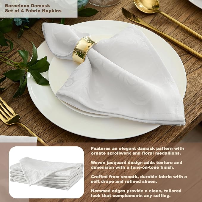 Newbridge Barcelona Luxury Damask Fabric Tablecloth, 100% Polyester, No Iron, Soil Resistant Holiday Tablecloths and Napkins, 60 x 102 inch Rectangle, White