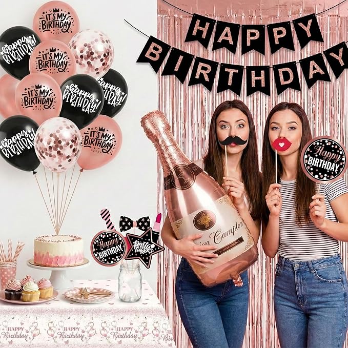 Rose Gold and Black Birthday Decorations - Party Supplies Kit with Tablecloth, Paper Plates, Photo Props, Champagne Foil Balloon, Fringe Curtains, Cake Topper and Banner for Women 18th 21st 30th 40th
