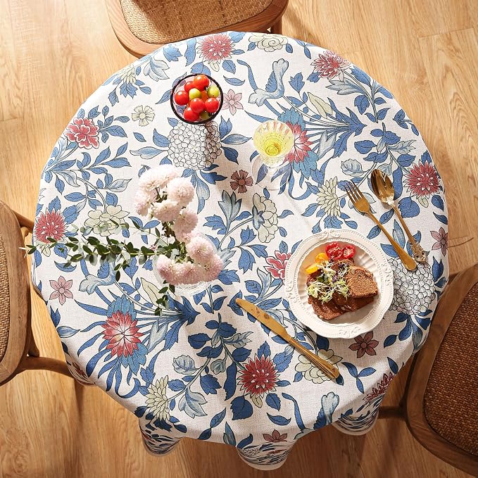 patdrea Vintage French Linen Tablecloth,Round,Diameter 55"-Ivar A | Elegant Colorful Table Cloth for Round Table,Blue and White Floral Patterned,Dining Room Tea Party Thanksgiving