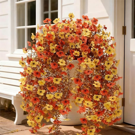 Geegoods Artificial Mum Flowers for Outdoors, 2Pcs Hanging Flowers Plants UV Resistant Realistic Silk Flowers for Outside Patio Porch Garden Yard Balcony Fall Decor
