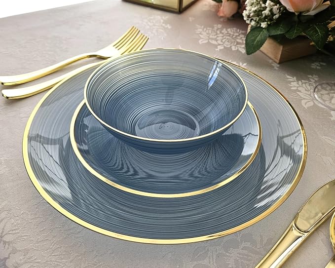 OCCASIONS 50 Plates (25 Guests) Disposable Plastic Plates, Heavy Duty Fancy China-Like Look Dinnerware Set for Wedding Party - 25x10'' Dinner+ 25x7'' Salad & Dessert - BPA Free, Belize in Blue & Gold