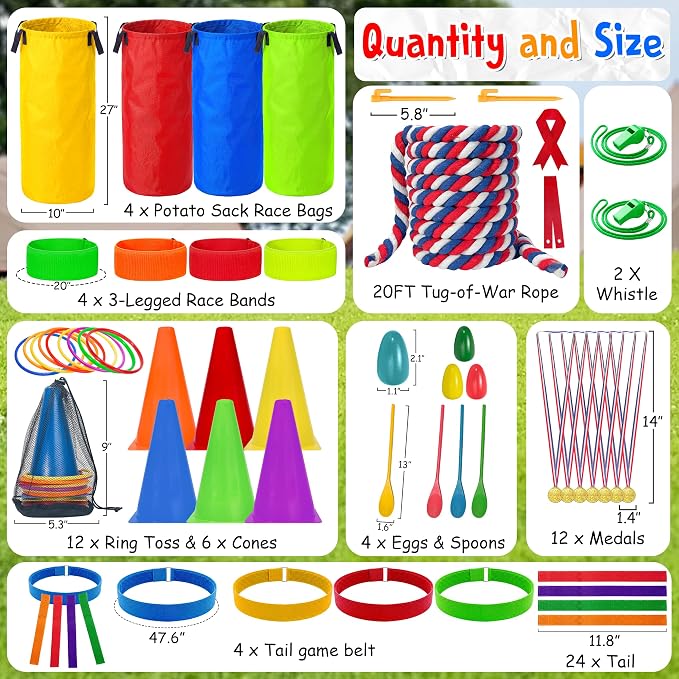 LINAYE Outdoor Field Day Games for Kids Adults, Carnival Lawn Yard Family Reunion Survivor Games Activities Tug of War Rope, Potato Sack Race Bags, Ring Toss,Catch Tail Game Belt for Birthday Party
