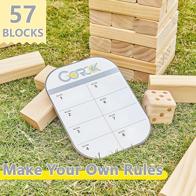 GOROCK Giant Tumbling Tower Game，57Pcs Wooden Block Stacking Game （Over 4.2FT），Classic Family Indoor Outdoor Yard Party Games for Kids and Adults with Carry Bag