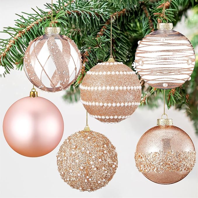 Lyrow 12 Pcs 4 inch Christmas Balls Ornaments Glitter Shatterproof Christmas Decorations Tree Balls Sparkly Holiday Ornaments Bulk for Xmas Trees(Rose Gold)