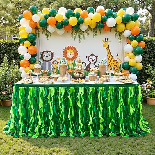 Wish Care 9ft Green Sequin Table Skirt for Rectangle Tables Curly Willow Hawaiian Grass Tutu Skirt Ruffle Table Cloth Desk Skirts for Birthday Baby Shower Jungle Luau Tropical Theme Party Table Decor