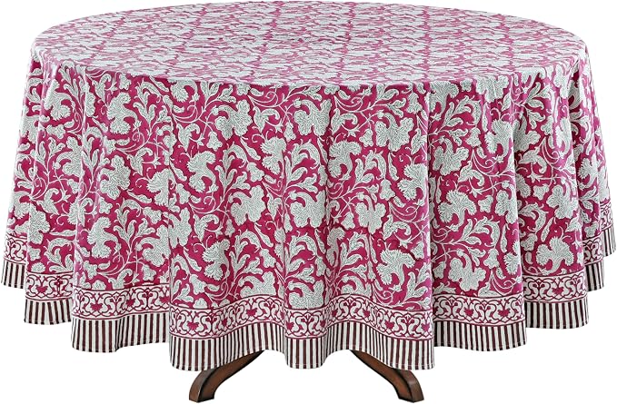 Ridhi Round Tablecloth Hand Block Print 100% Cotton Reusable Deep Pruce Red 110 Inch Table Cover Decorative Everyday Use for Dining, Home, Party, Wedding, Farmhouse Gift for Spring, Mother's Day