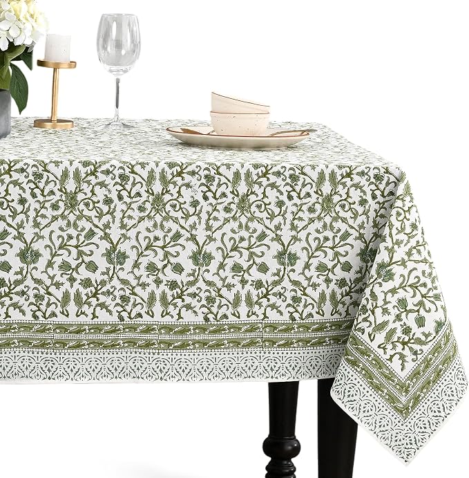 CPC Meadow Vine Tablecloth 100% Cotton 70x108 Inch Indian Block Print Rectangle Table Cover, Table Cloth for Gifting in Weddings, Halloween, Fall, Christmas, Thanksgiving