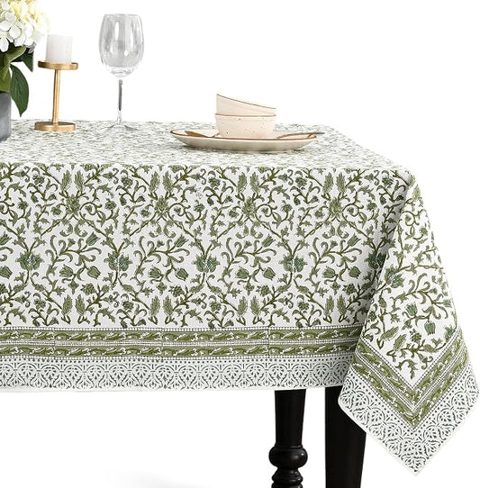 CPC Meadow Vine Tablecloth 100% Cotton 70x108 Inch Indian Block Print Rectangle Table Cover, Table Cloth for Gifting in Weddings, Halloween, Fall, Christmas, Thanksgiving