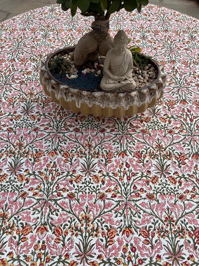Ridhi Round Tablecloth Hand Block Print 100% Cotton Reusable Sassy Salmon and Emerald Green 60 Inch Table Cover Decorative Everyday Use for Dining, Home, Farmhouse Gift for Spring, Mother's Day