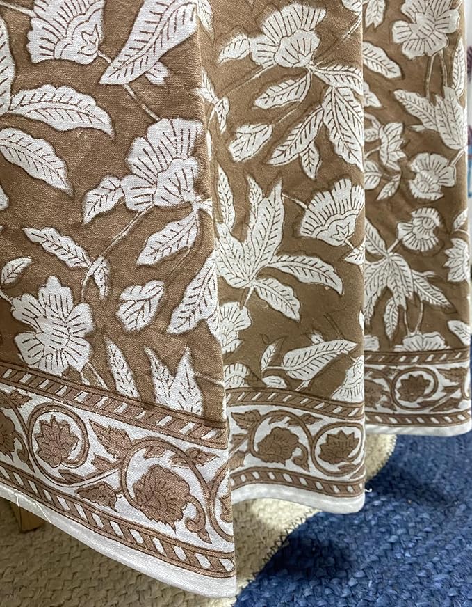 Ridhi Block Print Round Oak Brown Reusable Tablecloth 100% Cotton 90" Inch Decorative Table Cover eveyday Dining, Home, Party, Wedding, Farmhouse Gift for Spring, Easter, Valentine