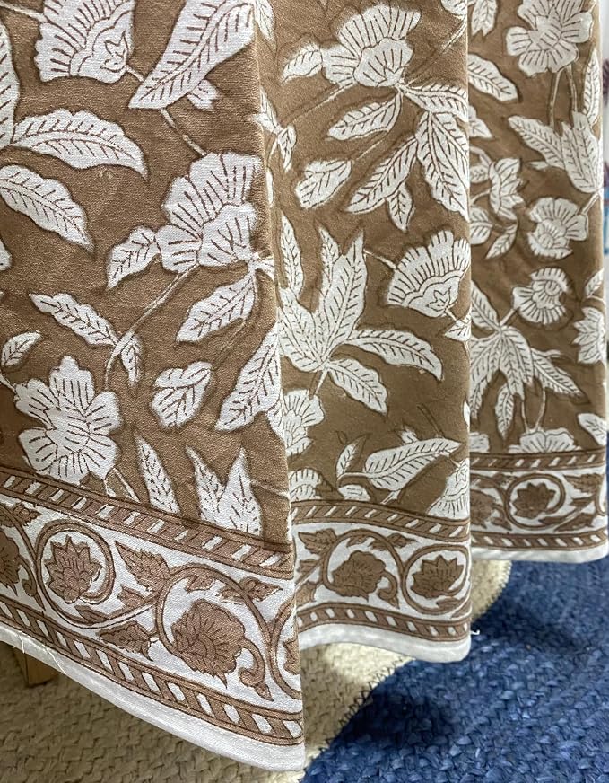 Ridhi Block Print Round Oak Brown Reusable Tablecloth 100% Cotton 132" Inch Decorative Table Cover eveyday Dining, Home, Party, Wedding, Farmhouse Gift for Spring, Easter, Valentine