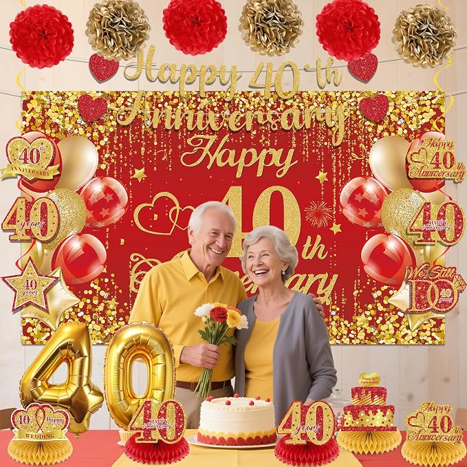 Red Gold 40th Wedding Anniversary Decorations Banner, 40th Anniversary Table Centerpieces Hanging Swirls Tissue Pompoms Foil Balloon for 40 Years Wedding Party Decoration Supplies