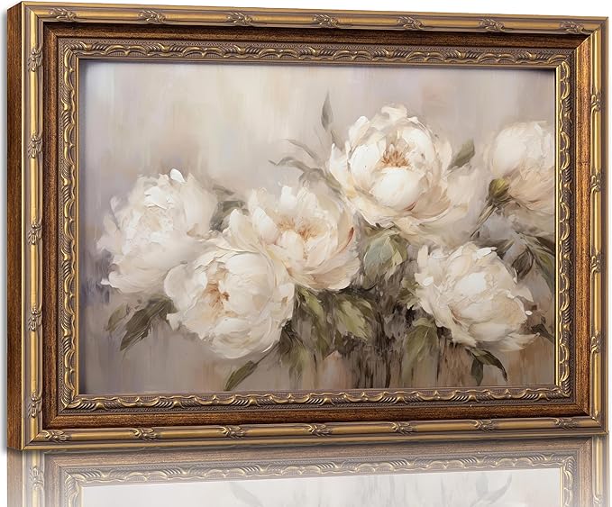 Vintage Gold Framed Vintage Flower Wall Art Retro White Floral Wall Decor Retro Peony Artwork Picture for Home Living Bedroom Farmhouse Hallway