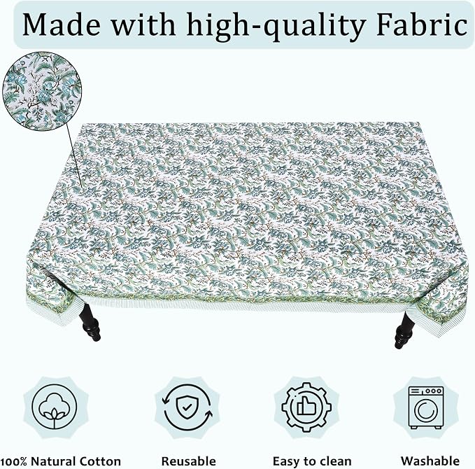 Ridhi Sage and Russian Green Hand Block Print Cotton Rectangle Tablecloth 160" x 72" inches Reusable Table Cover Decorative Everyday Use for Dining Room, Farmhouse, Home Gift for Spring, Mother's Day