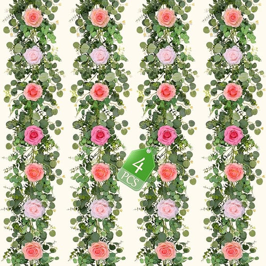 Livole 4Pcs 26 FT Artificial Flower Garlands Real Touch Fake Floral Silk Pink Rose Garland Hanging Vine for Wedding Table Centerpieces Party Arch Ceremony Garlands Backdrop Decor