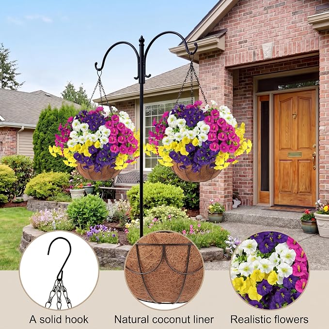 Artificial Flowers for Outdoors with Baskets Hanging Plant Faux Flowers UV Resistant Fake Silk Morning Glory with Eucalyptus for Planter Porch Garden Home Spring Summer Decoration(Mixed 4 colors)