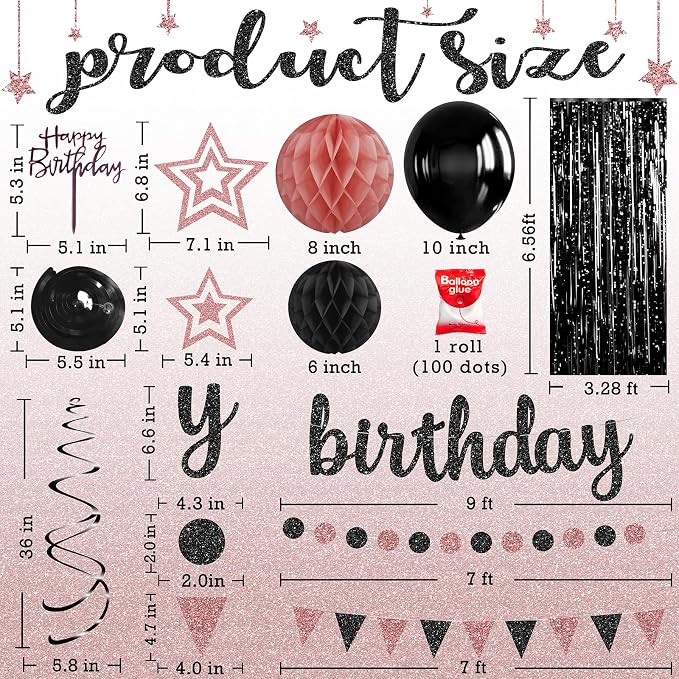 Rose Gold and Black Birthday Party Decorations Set - Happy Birthday Banner Balloons Foil Curtains Hanging Swirls for Women Girls Birthday Party Supplies