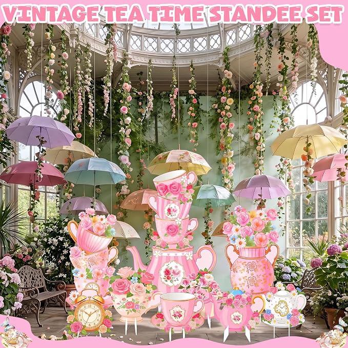 9 Pcs Tea Party Decorations Set, Large Floral Cutouts with Stand, Vintage Teapot Cup Decor for Girls Birthday, Bridal Shower, Photo Backdrop Supplies