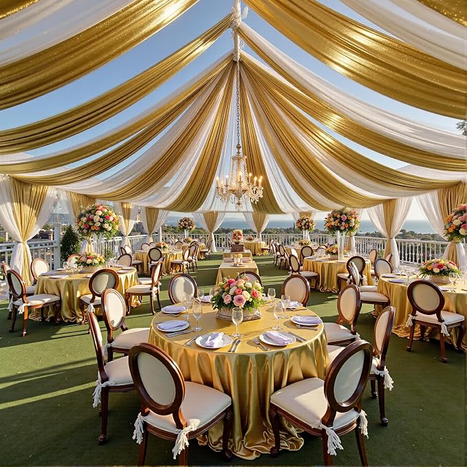 30ftx40ft Gold Ceiling Curtain for Wedding Parties – 6 Panels Wrinkle-Free 40 FT Long Tent Draping Curtains for Wedding, Birthday & Theme Parties, 40ft Height with Rod Pocket