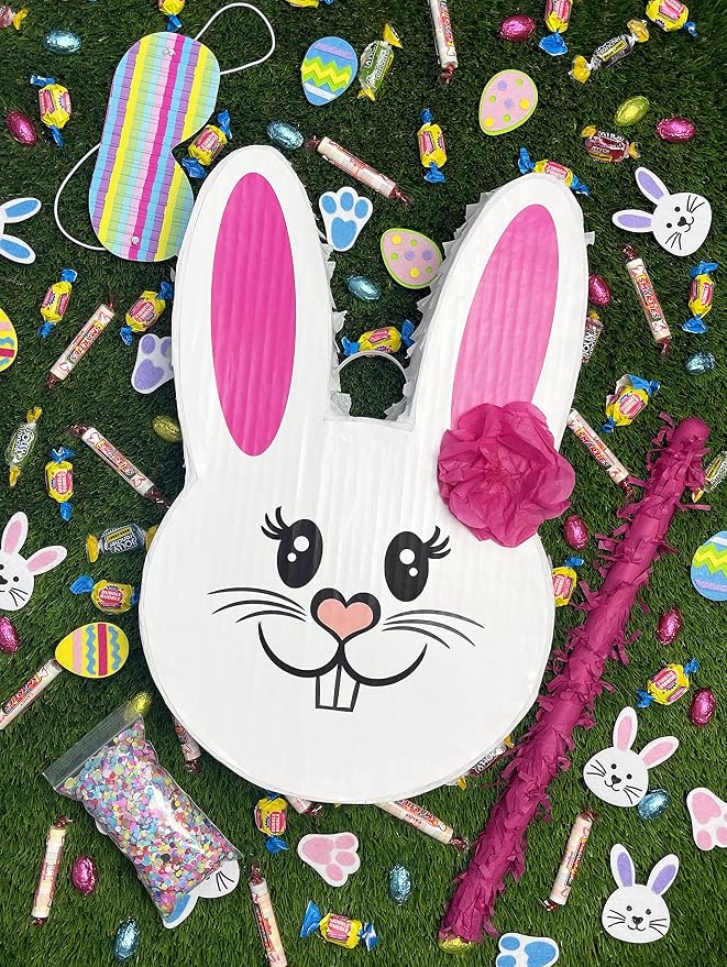 Jergrim Girl Easter Bunny Piñata Bundle 17”x11”x 3” with stick, blindfold and a small confetti bag Perfect for Easter Sunday Celebration, Bunny Theme Parties, Party Décor