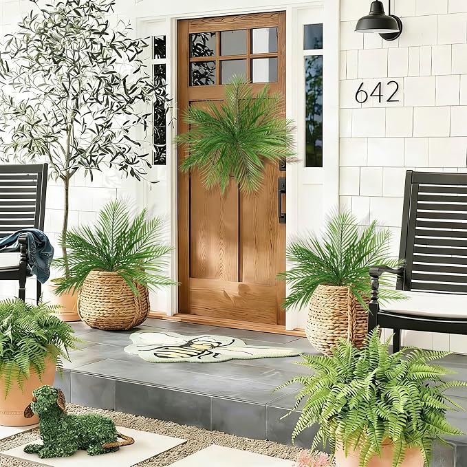 RECUTMS Artificial Palm Plant 2Pcs Fake Tropical Greenery Areca Palm Leaves Bush 20Inches Monstera Leaf Tree Branches for Home Office Garden Jungle Hawaiian Beach Party Outdoor Indoor Decor