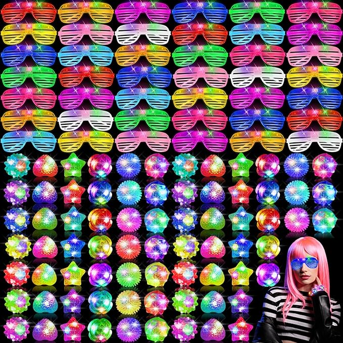 100 Pcs LED Light Up Party Favors Bulk Glow in the Dark Glasses Rings 10 Color LED Glow Glasses Neon Sunglasses 6 Style Finger Lights Flashing Ring for Birthday Wedding Neon Party Decor