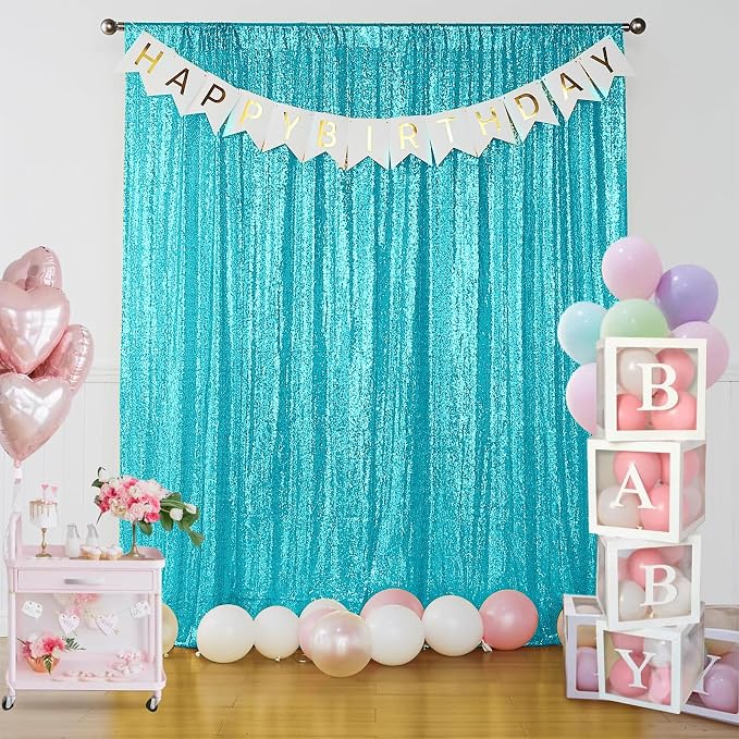 Sugargirl Turquoise Sequin Backdrop Curtain 4 Panels 2FTx8FT Glitter Turquoise Background Drapes Sparkle Photography Backdrop for Party Wedding Birthday Wall Decoration