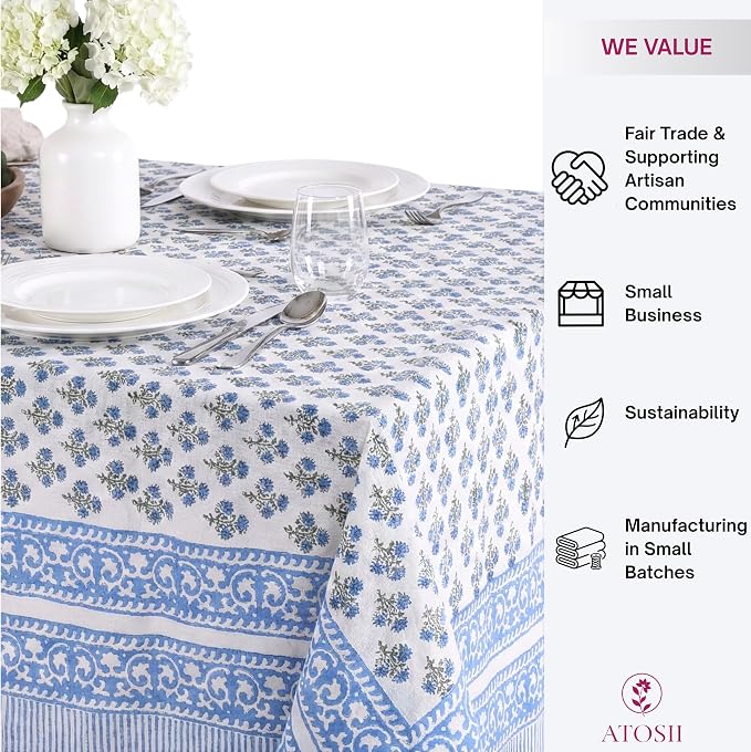 ATOSII Gulbahar Blue 100% Cotton Fall Rectangle Tablecloth, Handblock Print Floral Table Cloth for Kitchen Dining Linen I Thanksgiving Christmas Weddings Outdoors I 72 X 140 Inches I 12 Seater