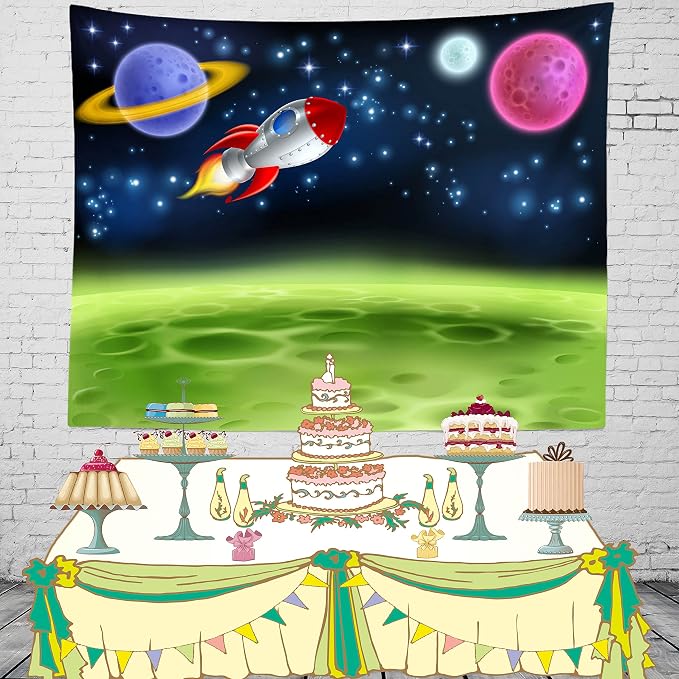 BELECO 7x5ft Fabric Cartoon Outer Space Backdrop Planet or Alien Moon with Rocket Ship Galaxy Stars Photography Backdrop for Kids Birthday Party Baby Shower Cake Table Decoration Photo Props