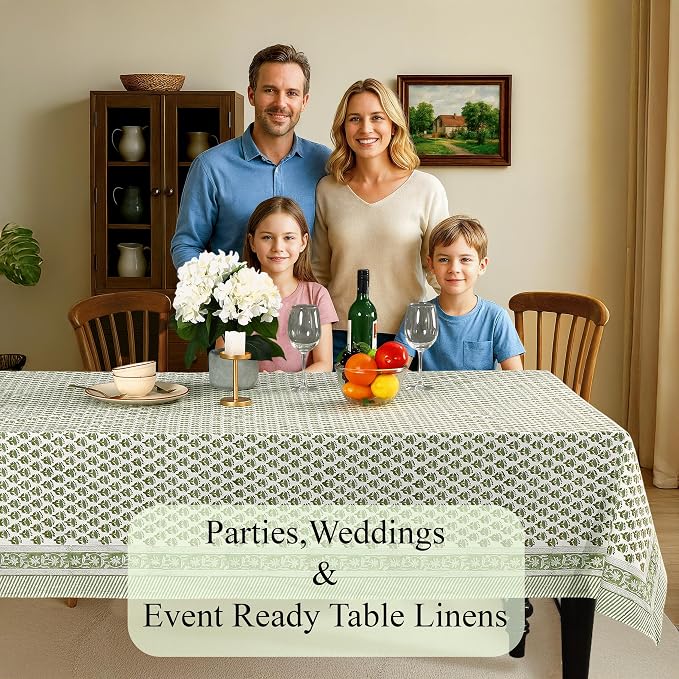 CPC Block Print Tablecloth Emerald Green 190"x72" Rectangular 100% Cotton Reusable Table Cover, Everyday Decorative Table Cloth Use for Dining, Farmhouse, Home Gifts for Spring, Summer