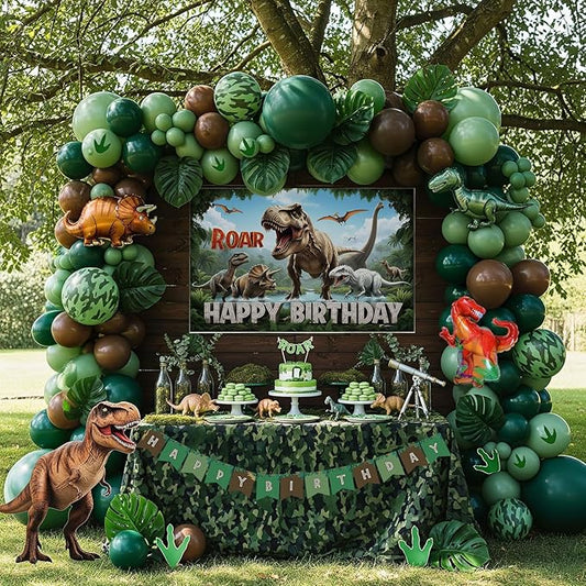 Dinosaur Birthday Party Decorations with Dinosaur backdrop Hunter Green brown balloon arch & Small dino Foil balloons & birthday Banners for Kids Jungle ROAR Three-REX Wild one theme Party Supplies
