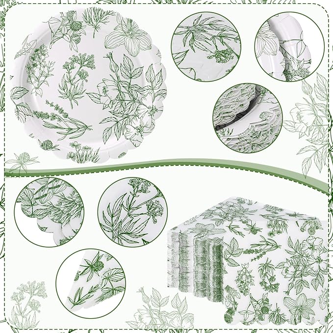 Havawish 400 Pcs Sage Green Disposable Tableware Set Greenery Floral Paper Plates Napkins Sage Serve Scalloped Plates Paper Napkins Cups Plastic Spoons Forks Knives for Wedding Tea Party Baby Shower