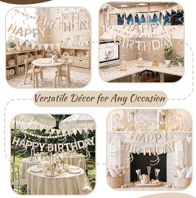 Kriyokiaa Pre-Strung Felt Happy Birthday Banner Retro Neutral Happy Birthday Party Decorations with Pom Pom Garland, Flag and Hanging Swrils for Women Men Boys Girls Party Decor