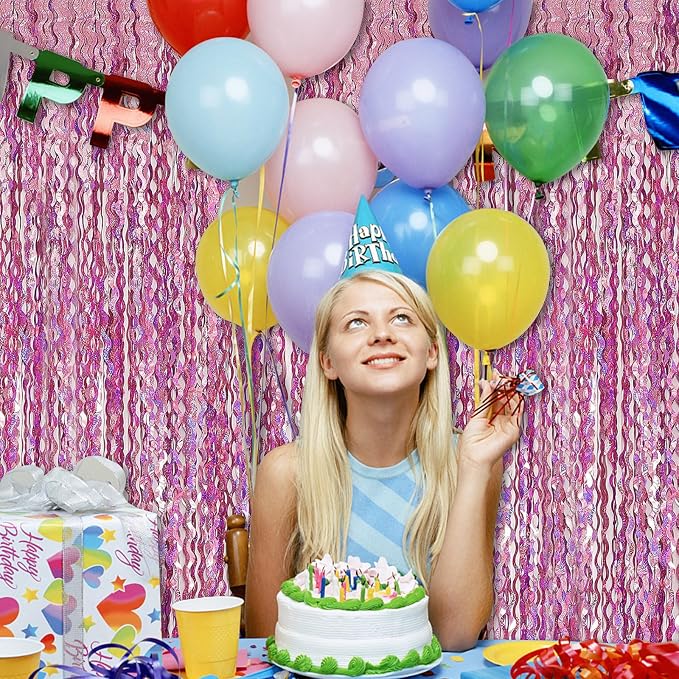 Pink Backdrop Party Decorations Pink Streamers Tinsel Foil Fringe Curtains Wavy Sparkle Metallic Pink Curtain Photo Booth Props for Birthday Wedding Valentines Day Bachelorette Decorations